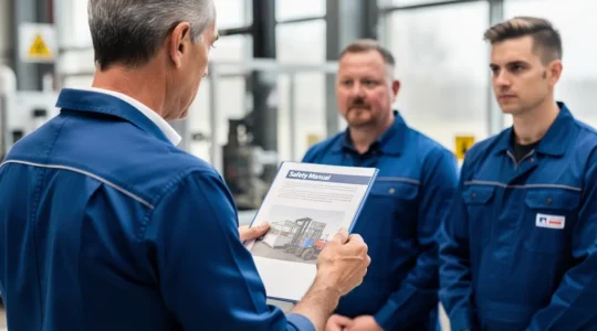 Formateur présentant un manuel sécurité à des stagiaires en tenue de travail industrielle