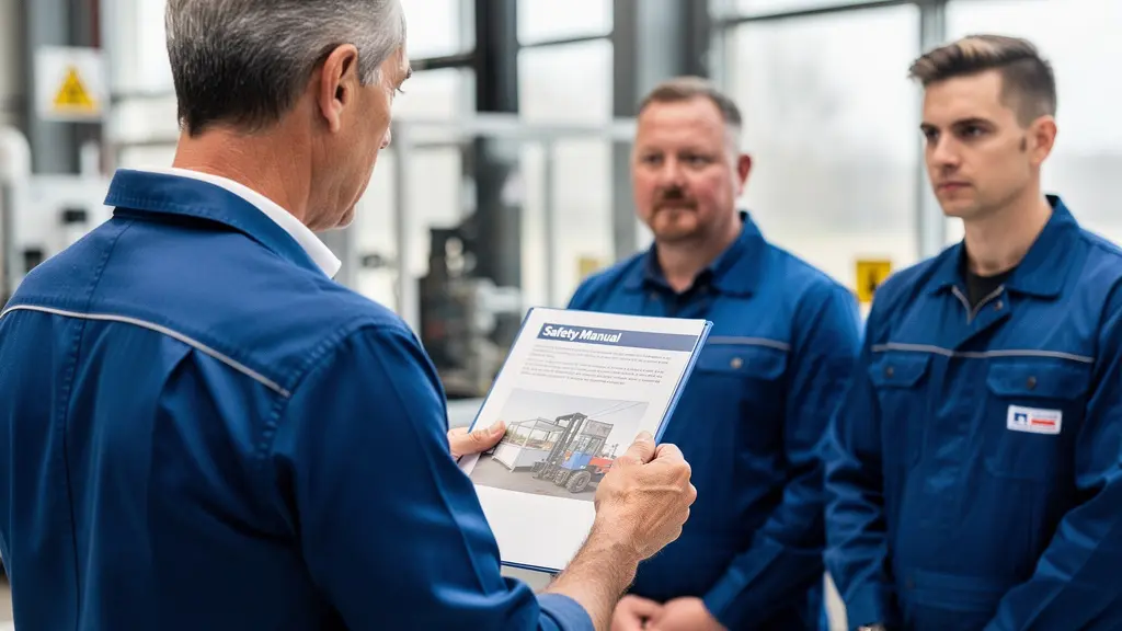 Formateur présentant un manuel sécurité à des stagiaires en tenue de travail industrielle