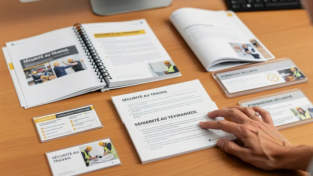 Différents formats de supports pédagogiques SST disposés sur une table de travail